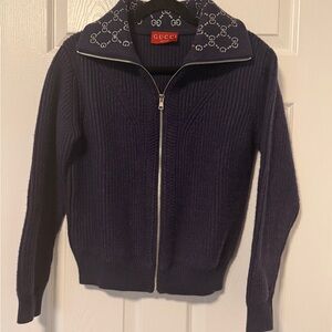 Gucci Dark Blue Knit Sweater with Patterned Collar
